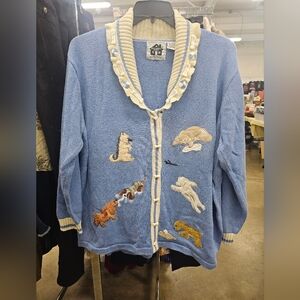 Vintage Storybook Knits Cardigan Sweater 2X  Embroidered Dogs Used Lovely Detail